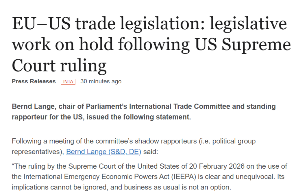 欧洲议会暂停批准欧美贸易协议 呼吁美国澄清不确定性